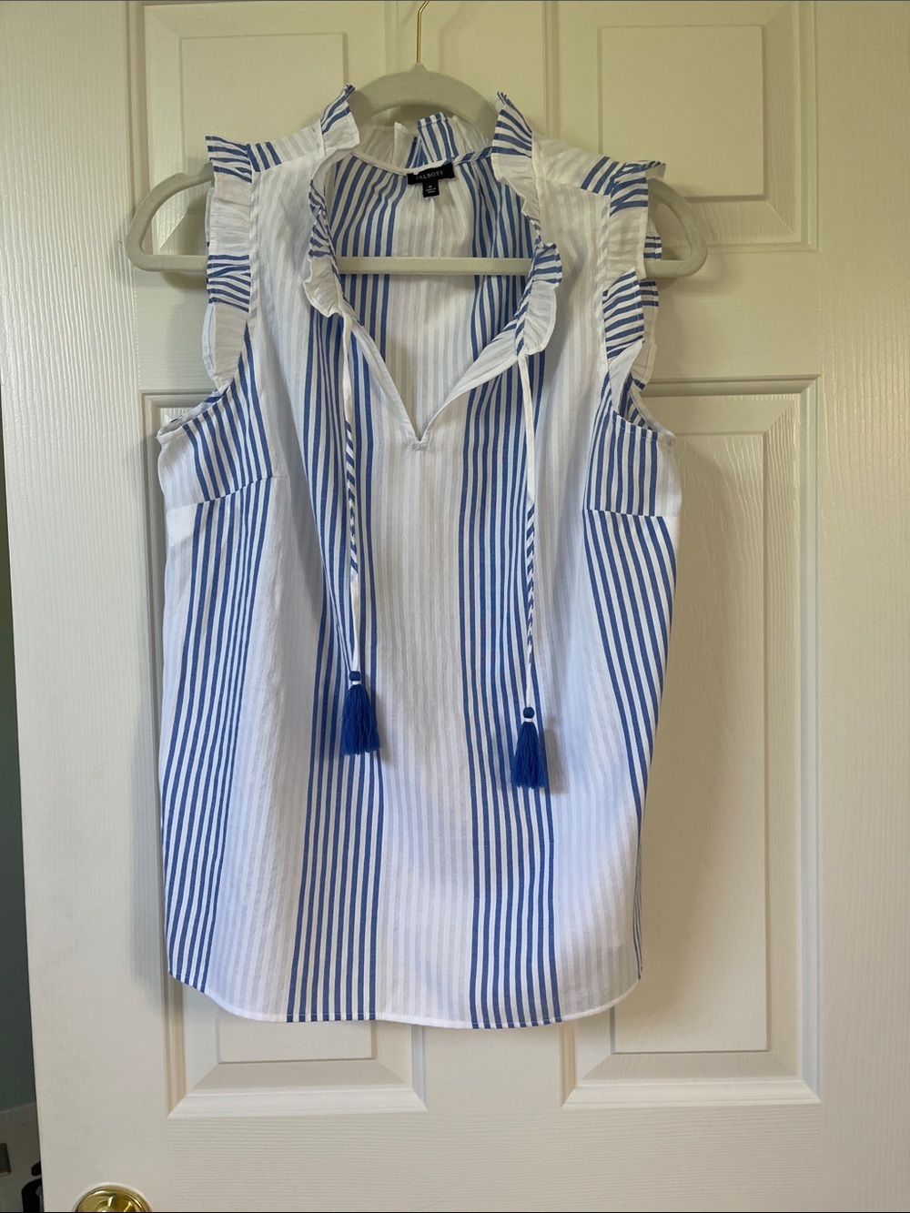 Talbots Blue and White Vertical Stripe Ruffle Tie-Front Sleeveless Top